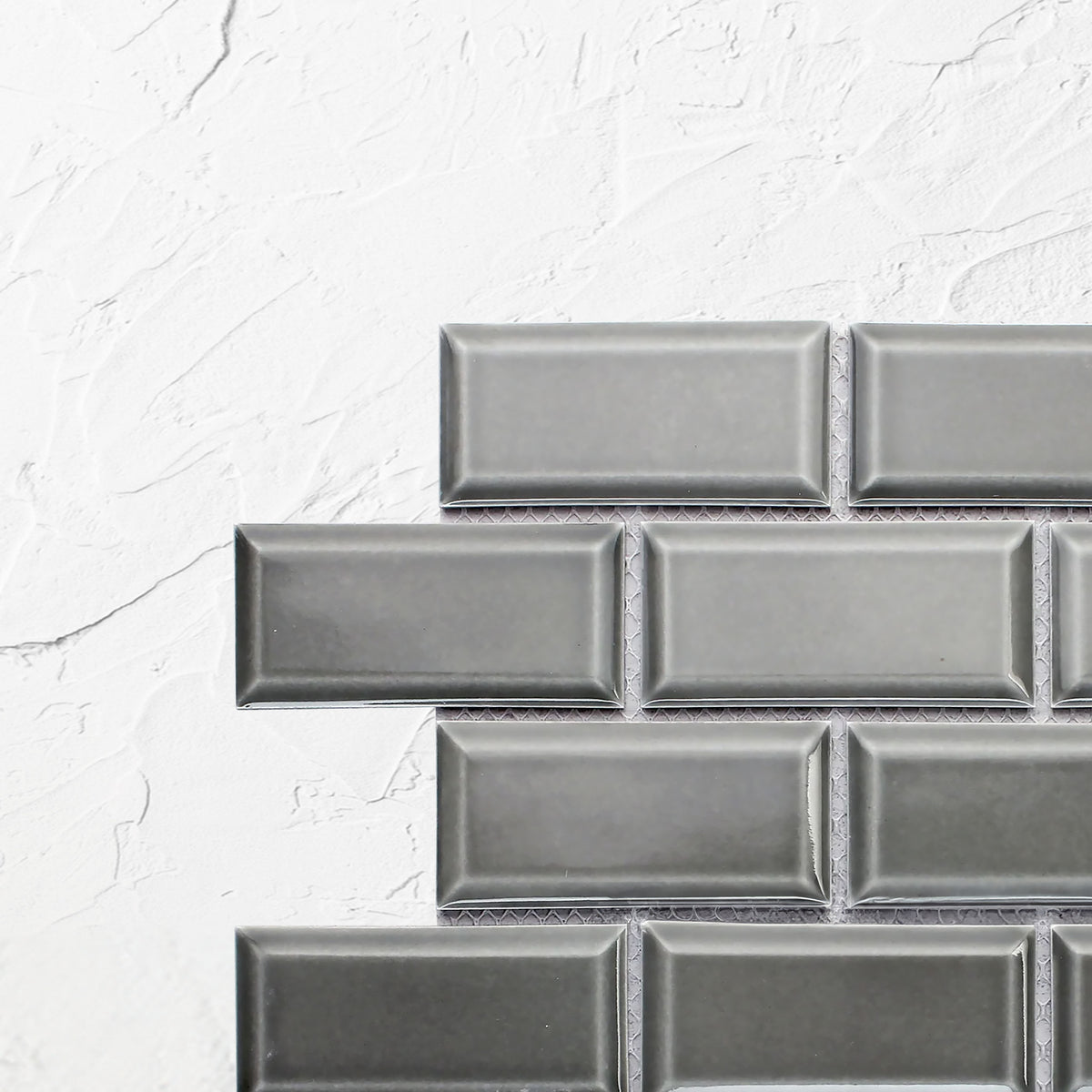 Medium Grey Gloss Porcelain Glazed Rectangle Bevelled Edge 45x95mm gloss surface texture