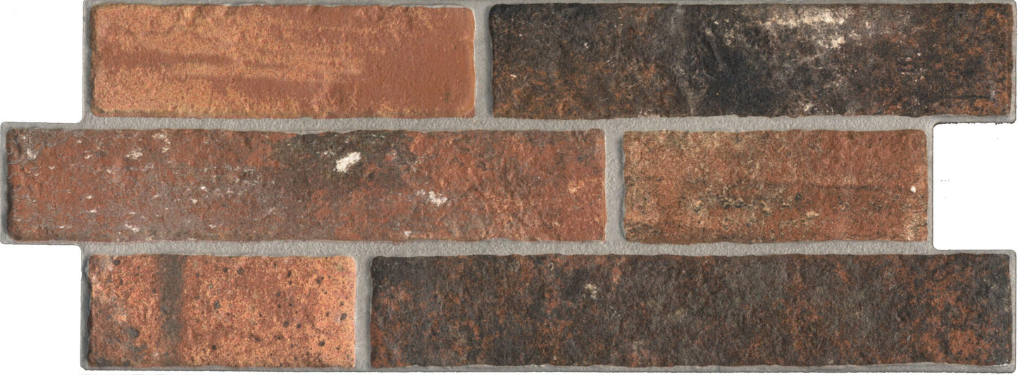 Argille Rame 160x400mm ceramic tile featuring a rustic brick-effect pattern with warm terracotta, burnt sienna, and charcoal tones separated by grey grout lines.
