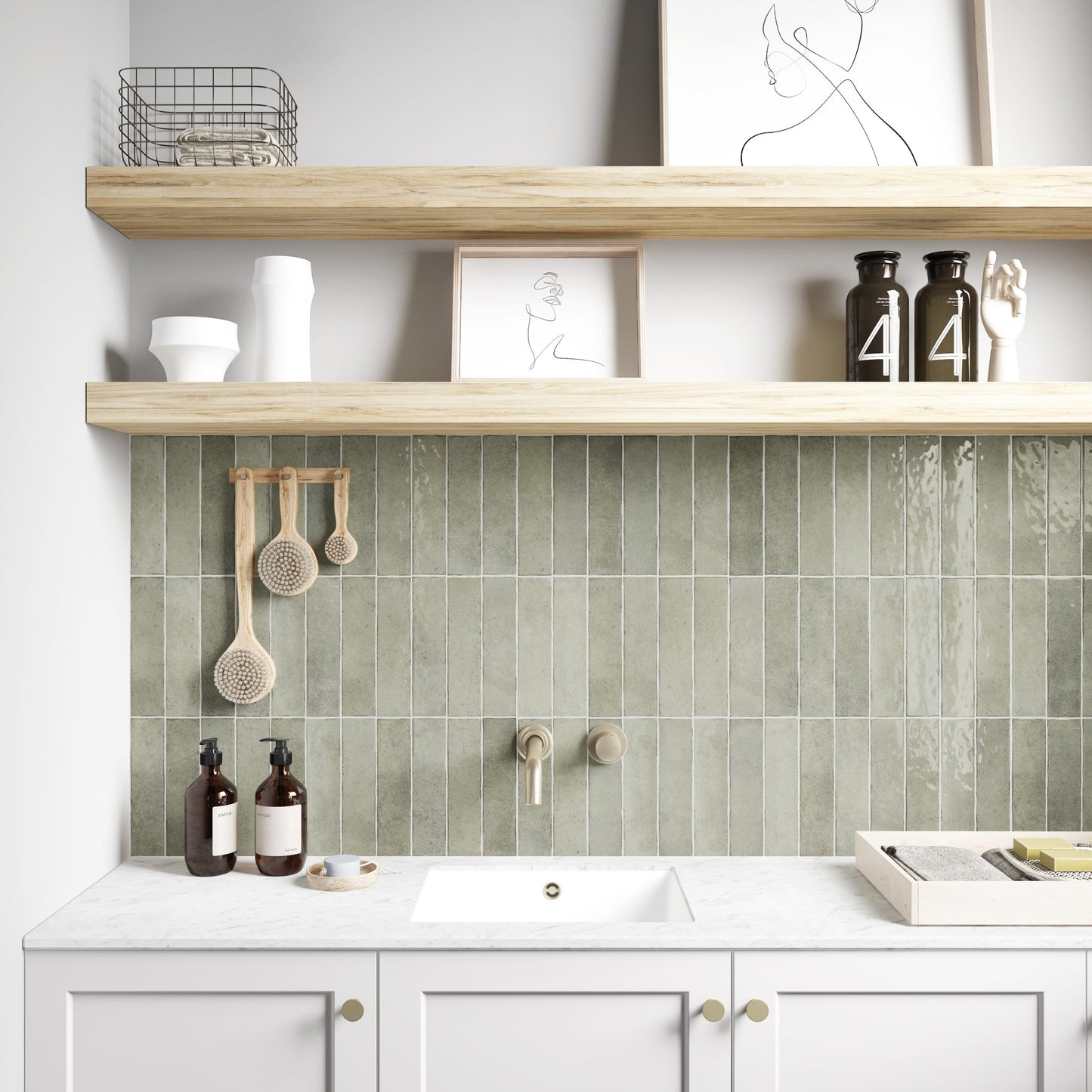 Bricks Mint Gloss 60x246mm tiles installed vertically as a bathroom splashback behind a white undermount vanity with oak floating shelves.