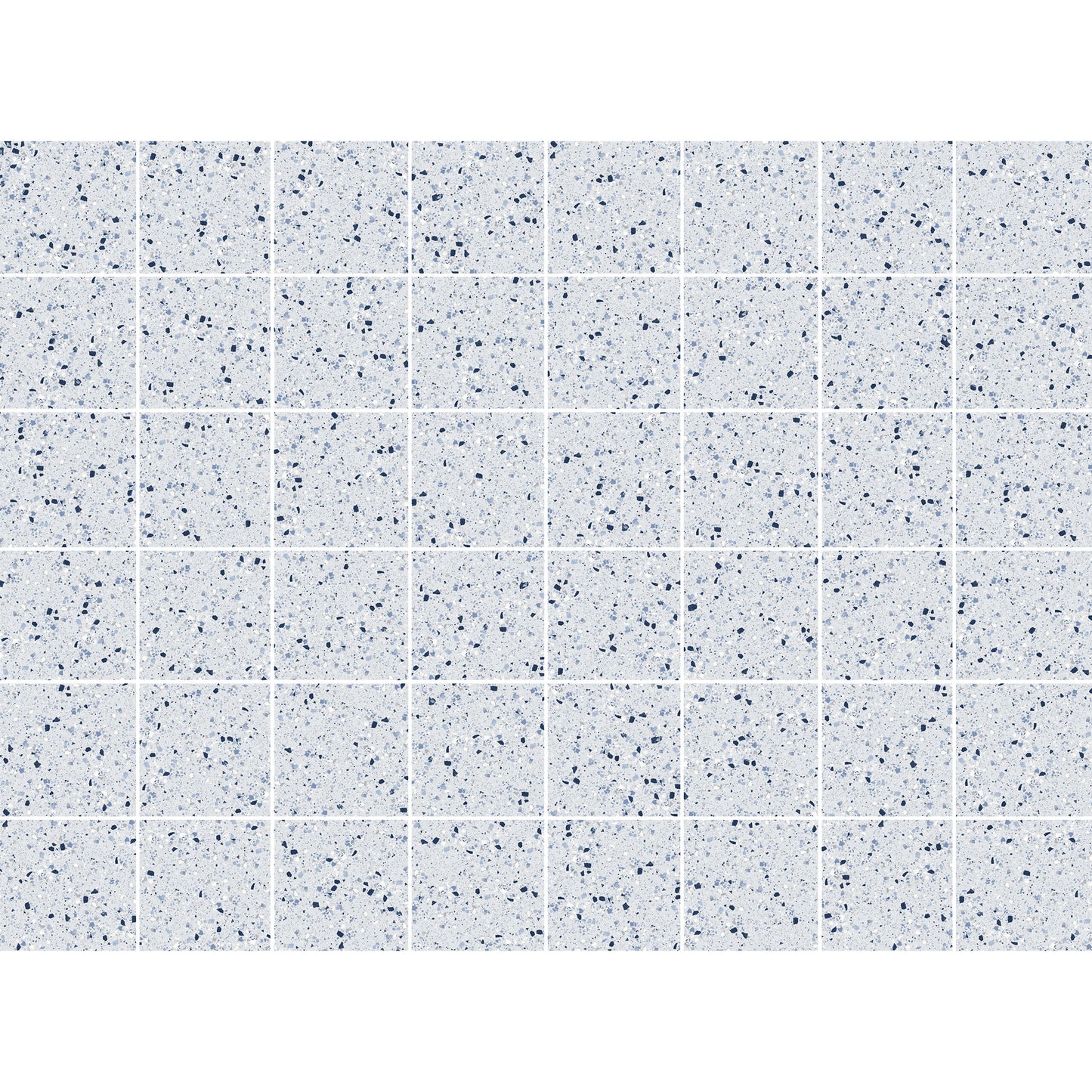 Grid layout of C Venice 300x300 Matt Blue Terrazzo Look Rectified tiles showing speckled navy and light blue stone chip pattern on a white matt surface.