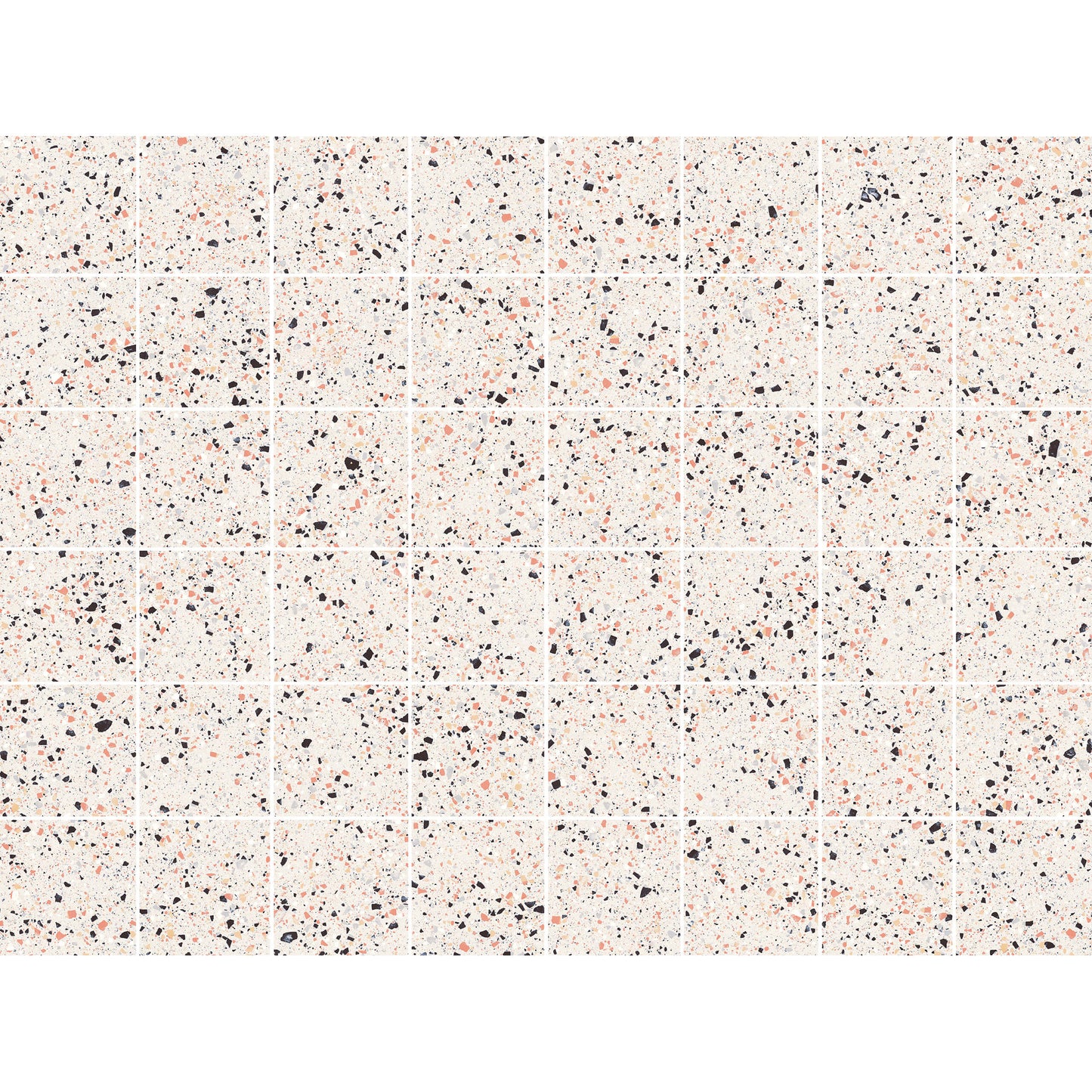 Grid layout of C Venice 300x300 Matt Pink Terrazzo Look Rectified tiles showing cream base with scattered black and coral stone fragments.