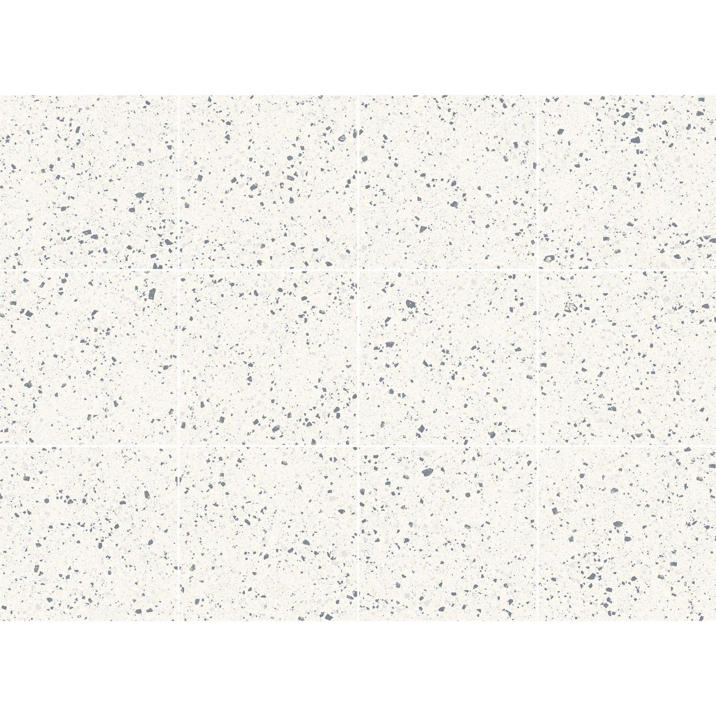 C Venice 600x600 Matt White Terrazzo Look Rectified tiles arranged in a grid layout showing the white base with scattered grey aggregate speckle pattern.
