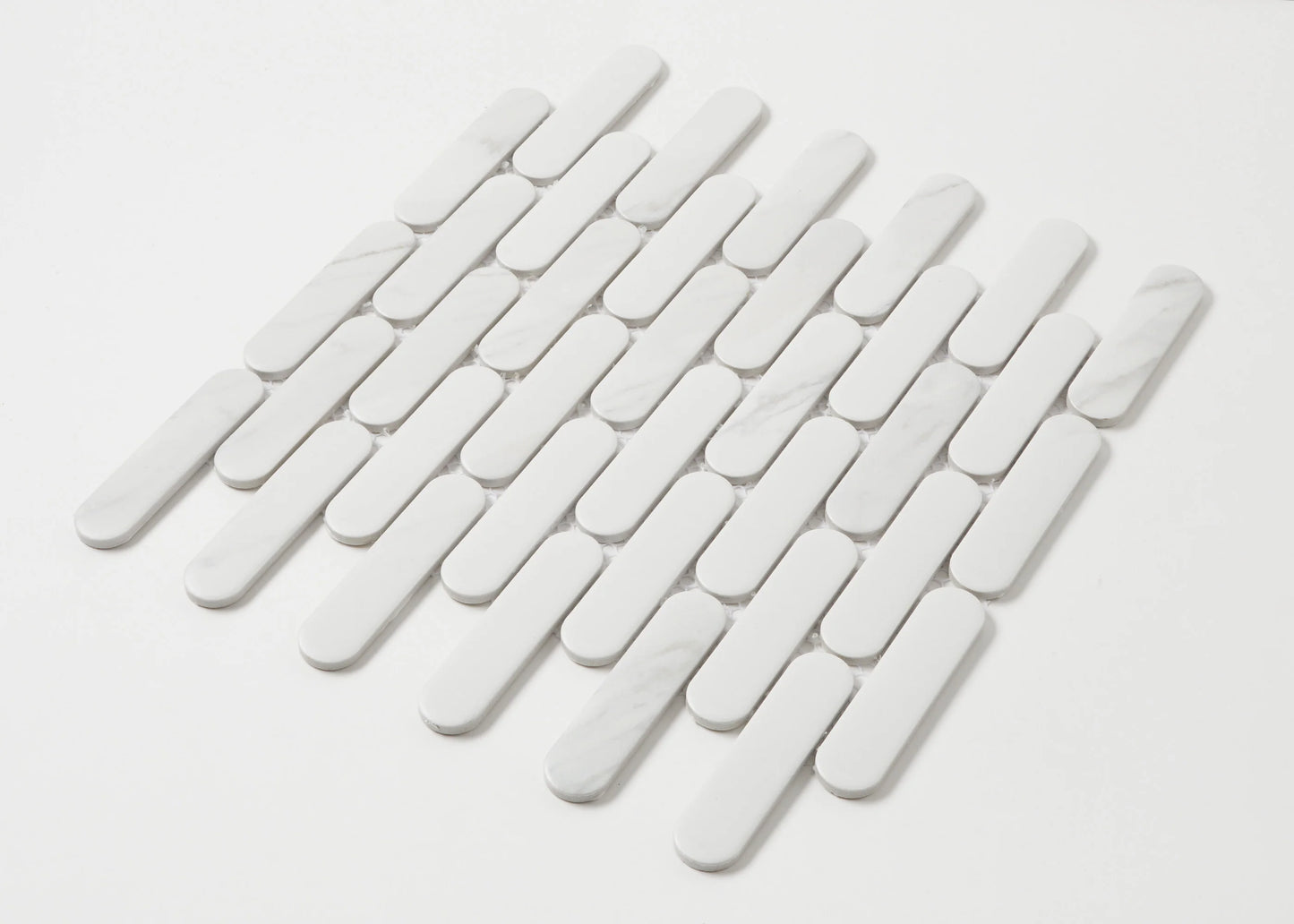 Pack shot of Carrara Matte Round Head Finger Glazed Mosaic 23x93mm tiles arranged in a diagonal grid pattern, showing white marble-look elongated pieces with rounded ends and subtle grey veining.