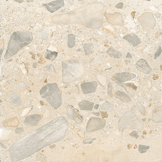 Close-up of Ciottoli Sassi Avorio 604x604mm tile showing a warm ivory terrazzo surface with scattered grey and beige stone fragments.