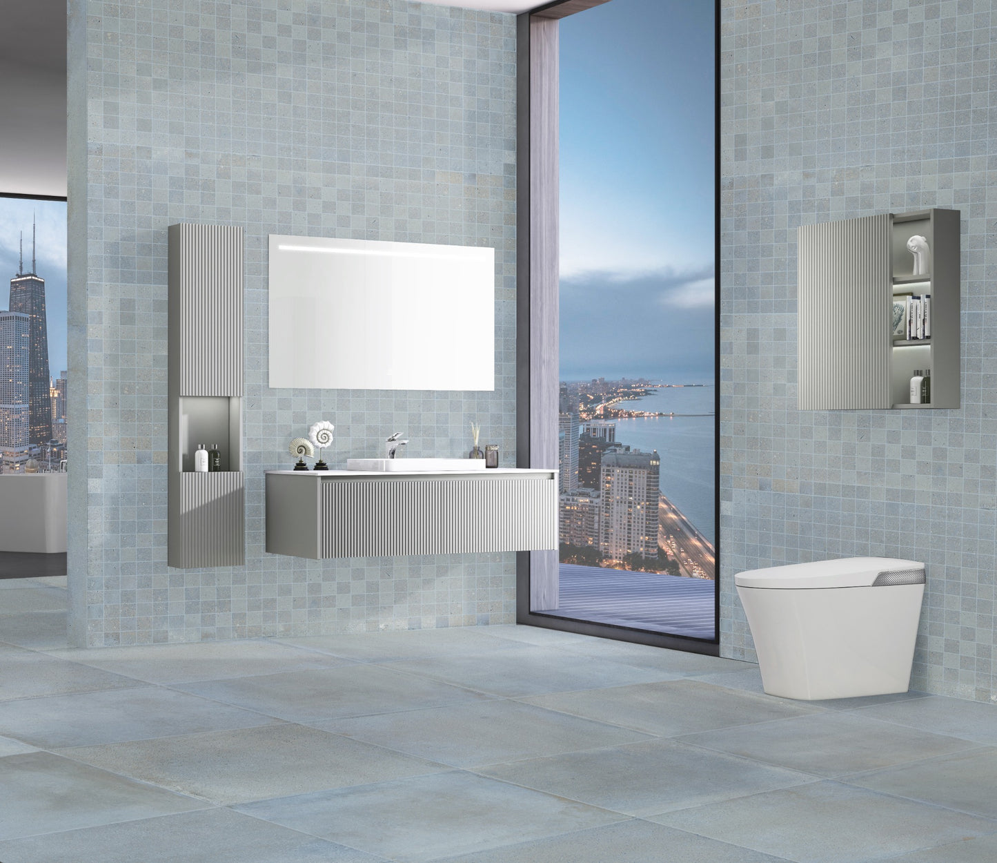 Cotto Sky Matt 600x600mm light grey mosaic tiles covering the floor and walls of a modern luxury bathroom with floating vanity and smart toilet.