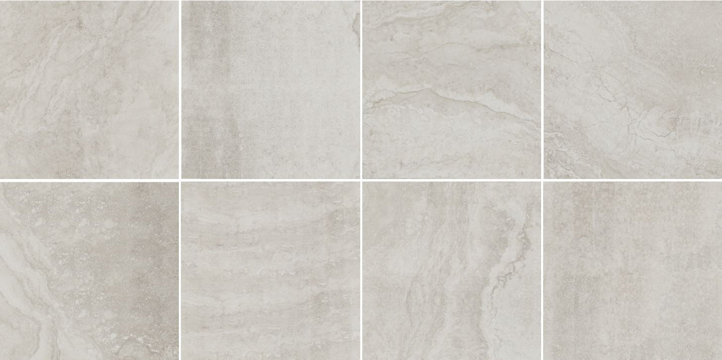 Eight face variation samples of Eco Stone Grey Matt 600x600mm porcelain floor tile showing natural stone-look veining and subtle grey tonal variation.