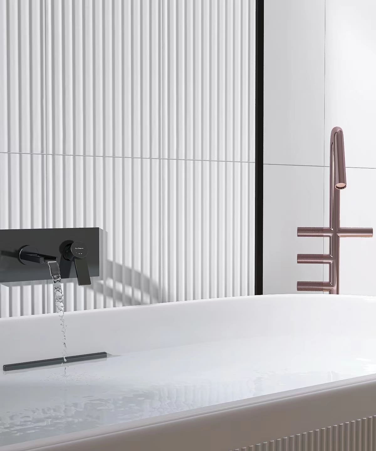 Fluted Matt White 300x600mm tiles covering a ribbed feature wall behind a freestanding white bathtub with matte black and rose gold fixtures.