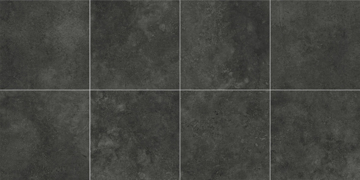 Fossil Stone Coal Matt 600x600mm tiles arranged in a 4x2 grid layout showcasing the dark charcoal stone-effect matt surface with natural variation.