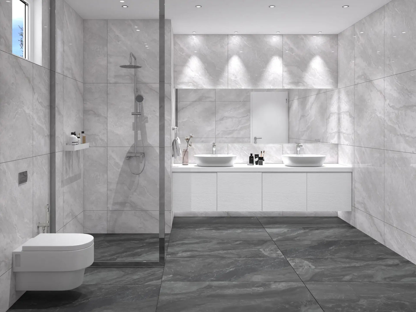 Legacy Silver Ash Rectified 600x1200mm tiles covering floor-to-ceiling bathroom walls alongside a floating double vanity, walk-in shower, and wall-hung toilet.