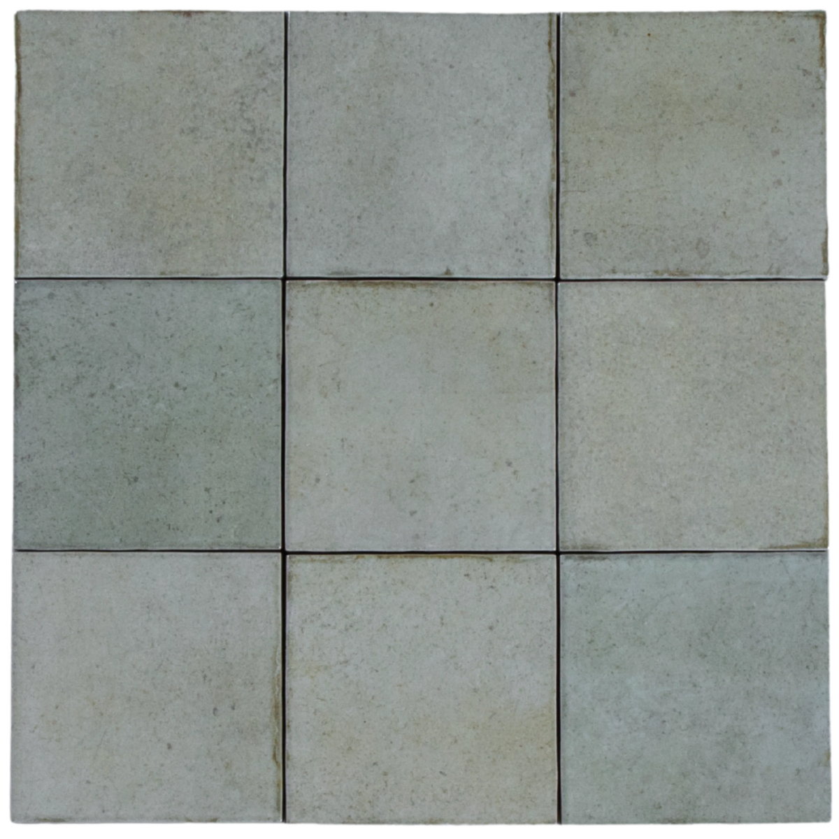 Majorca Gloss Mint 100x100mm ceramic tiles arranged in a 3x3 grid showing subtle variation in soft mint and sage tones with a gloss finish.