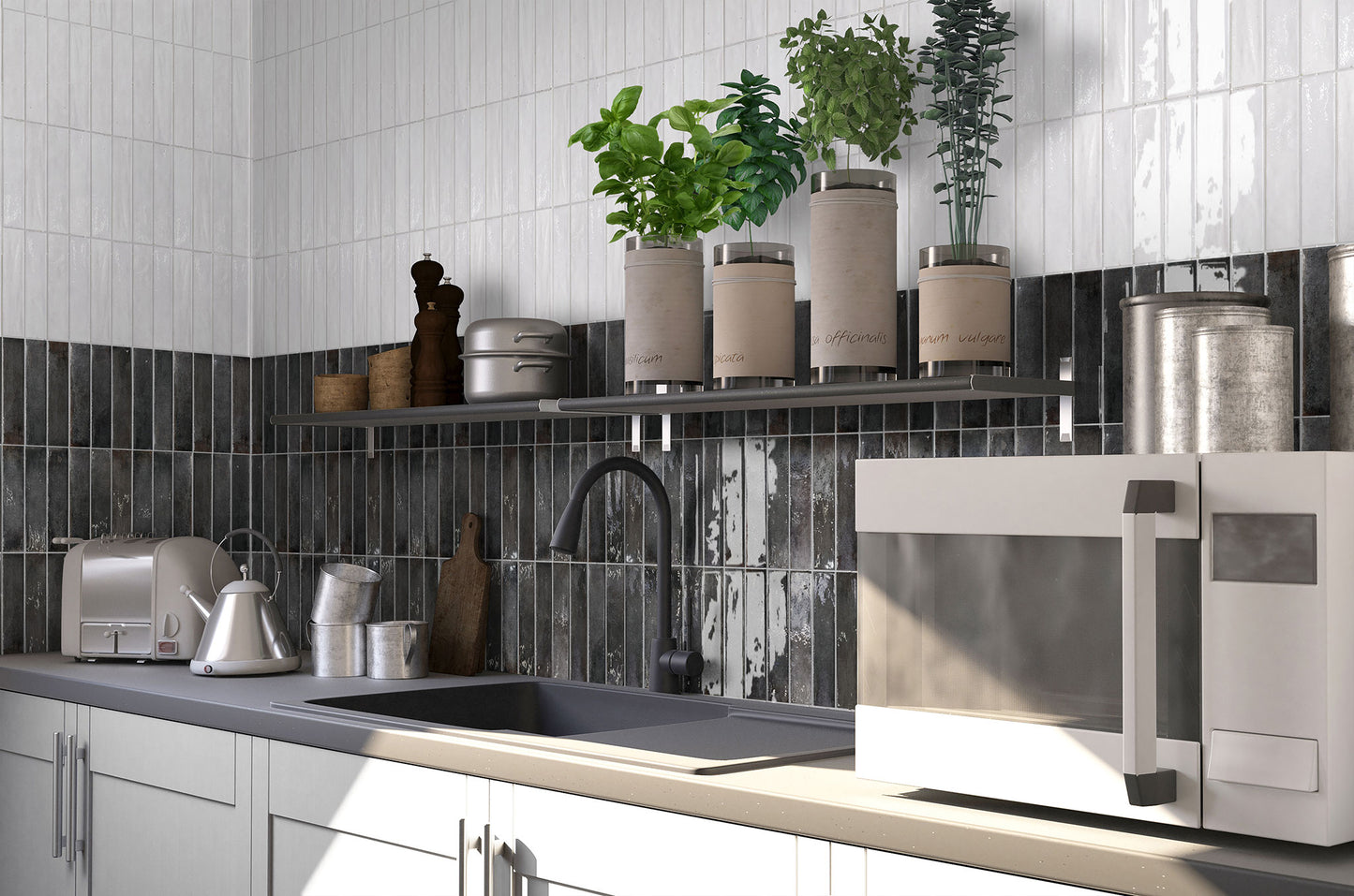 Memory Black Gloss 60x250mm tiles used as a kitchen splashback with white upper tiles, open shelf displaying potted herbs, and a black mixer tap.