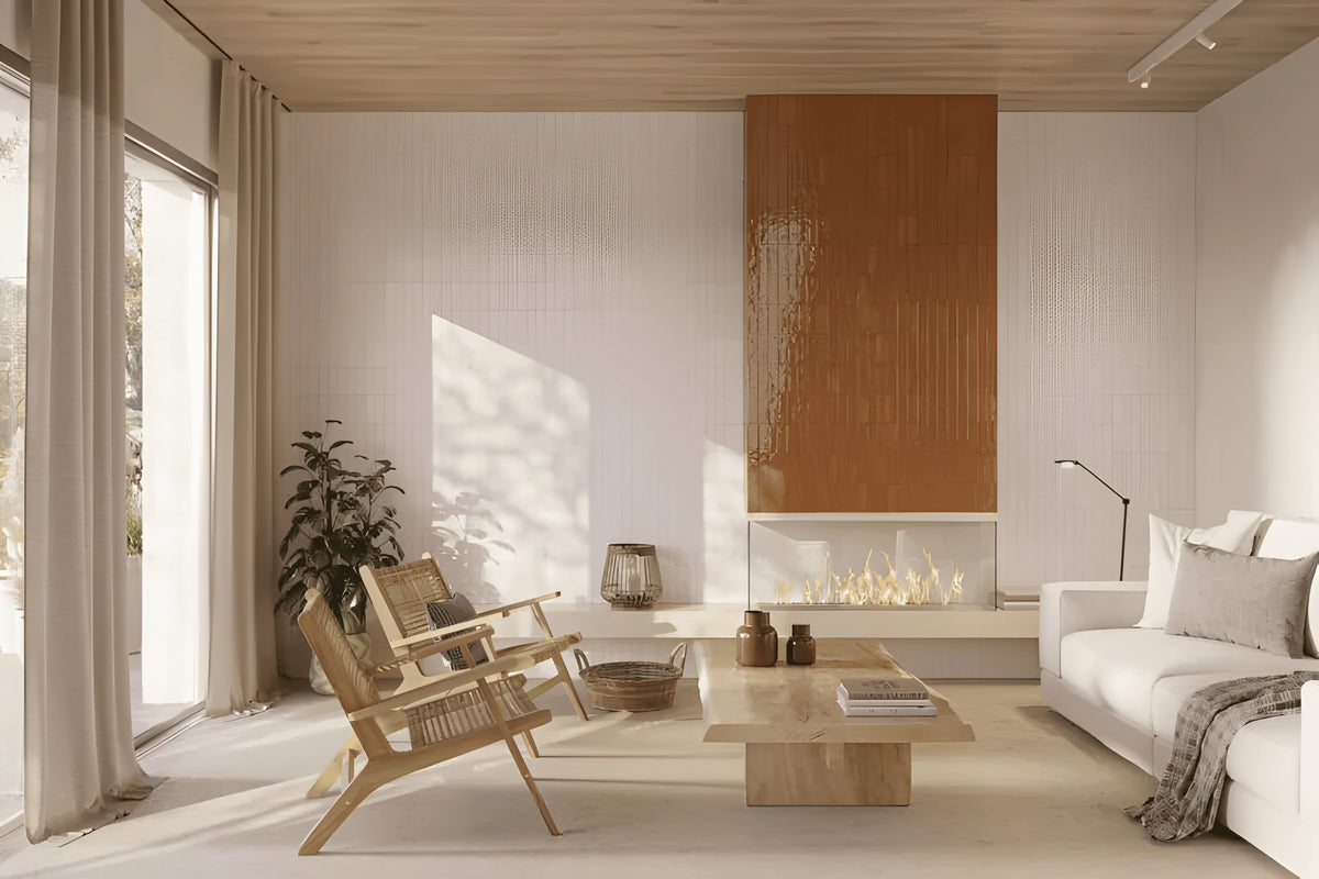 Mini Pure White Glossy 50x150mm tiles cover the living room wall behind a modern linear fireplace with terracotta accent panel and natural wood furniture.