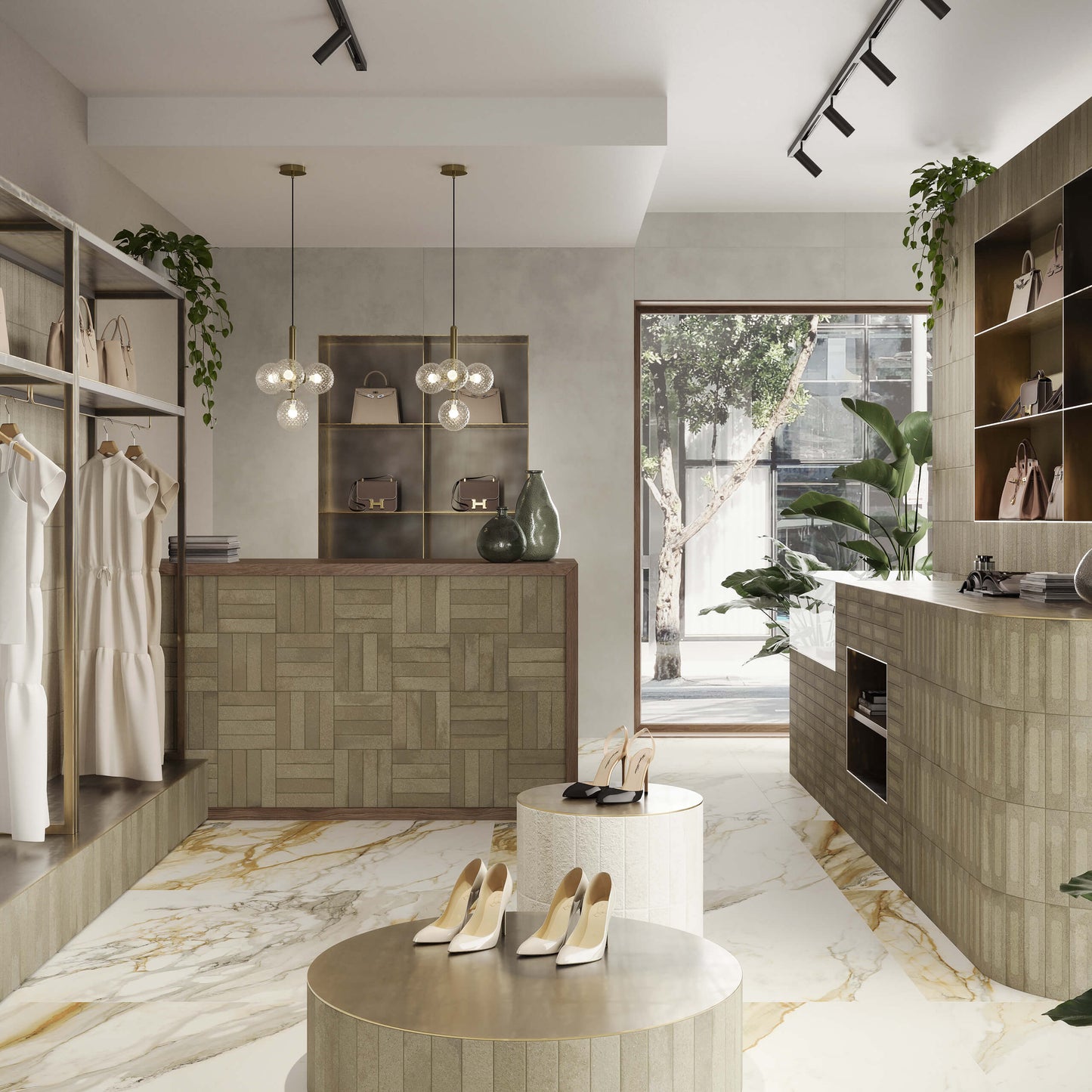 Miniature Fornace Formella Verde Muschio 60x240mm tiles cladding counter and shelving units in a luxury fashion boutique with marble flooring and pendant lights.