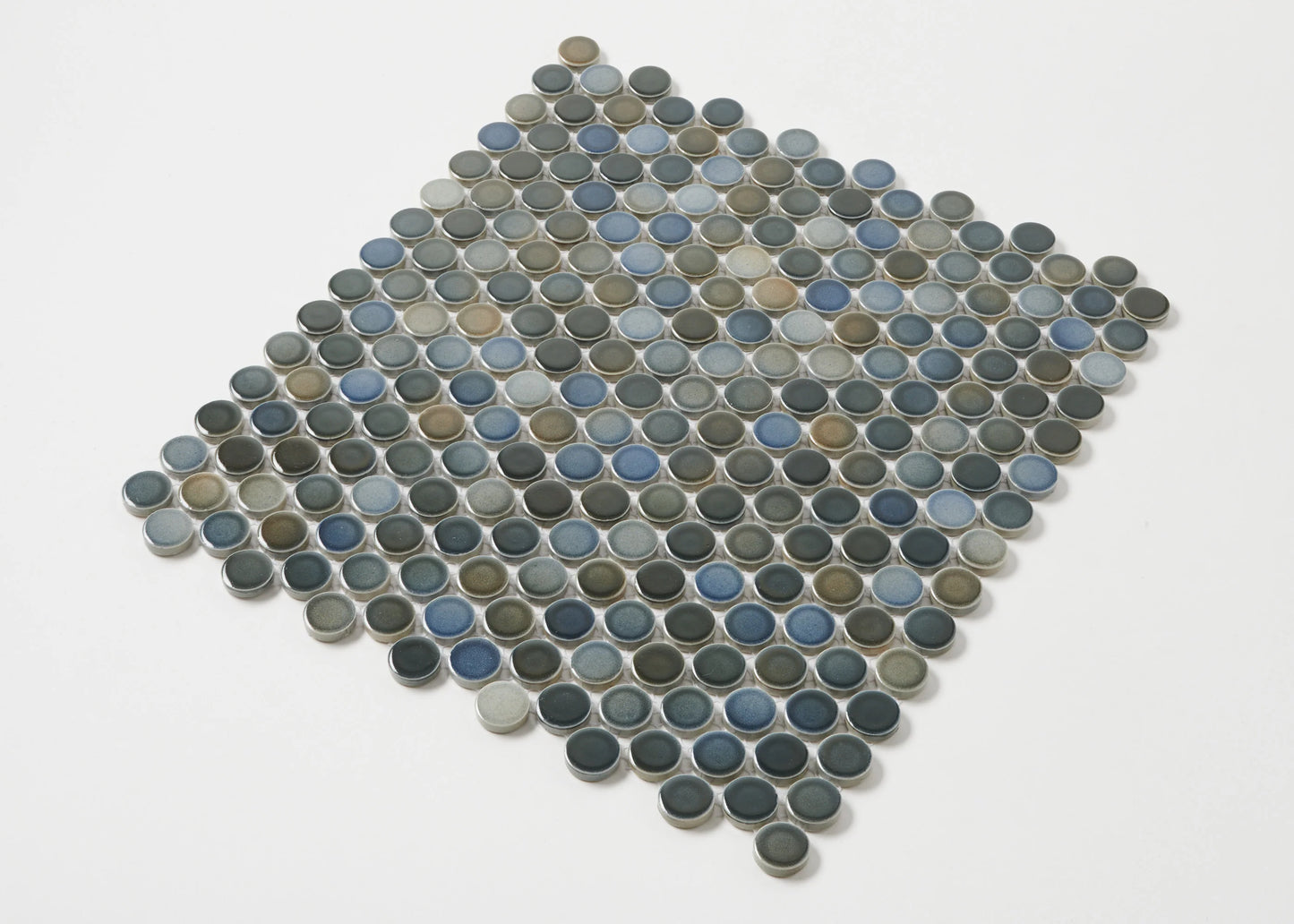 Pack shot of Mottled Mix Gloss Diameter Glazed Porcelain Penny Round 19mm tiles arranged in a diamond shape, showcasing mixed blue, grey, and taupe glazed circular mosaic pieces.