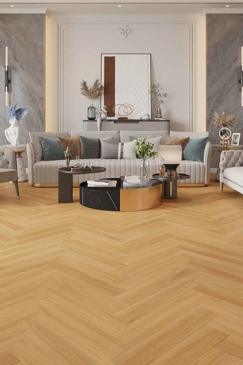 Natural Blackbutt Elegant SPC Hybrid Herringbone 9.5mm Flooring 7.5+2mm installed in a luxury living room with a curved grey sofa, marble coffee table, and grey stone feature walls.