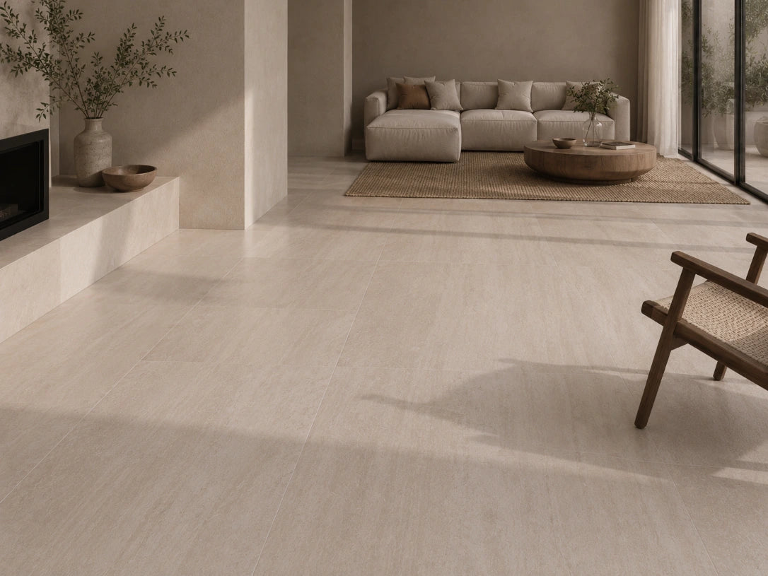 Norcia Vein Cut Beige 600x600mm porcelain tiles installed across a spacious minimalist living room floor, paired with a neutral sofa, jute rug, and round timber coffee table.