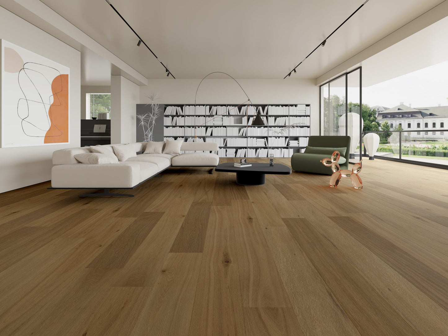 Smoke Brown Classique Oak Flooring 14/2mm installed in a spacious modern living room with white sectional sofa, floor-to-ceiling windows, and copper balloon dog sculpture.