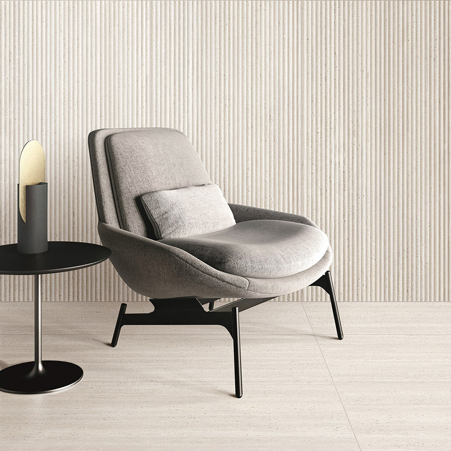Tallow Bamboo Feature Travertine Look Ivory 600x1200mm fluted tiles on a living room feature wall