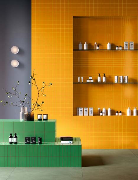 VitrA Color2.0 Turmeric Yellow, Lush Green, Anthracite mosaic retail shelving