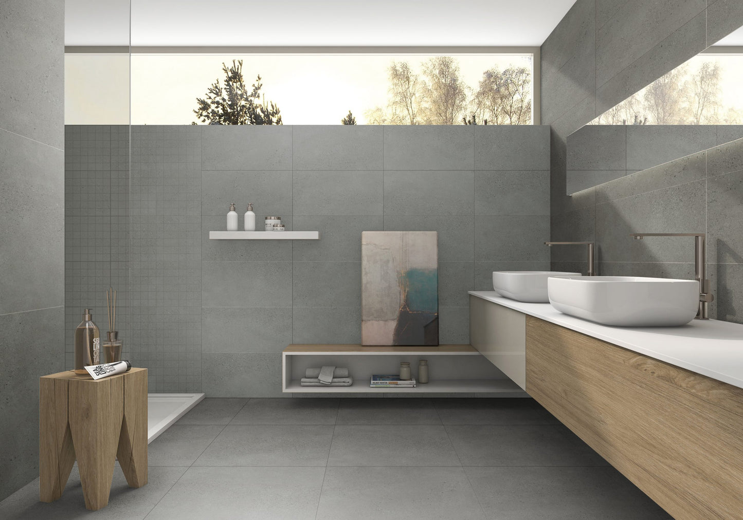 Waverly Steel Matt Rectified 300x600mm tiles covering bathroom walls and floor, styled with a floating timber vanity, vessel sinks, and open shelving.