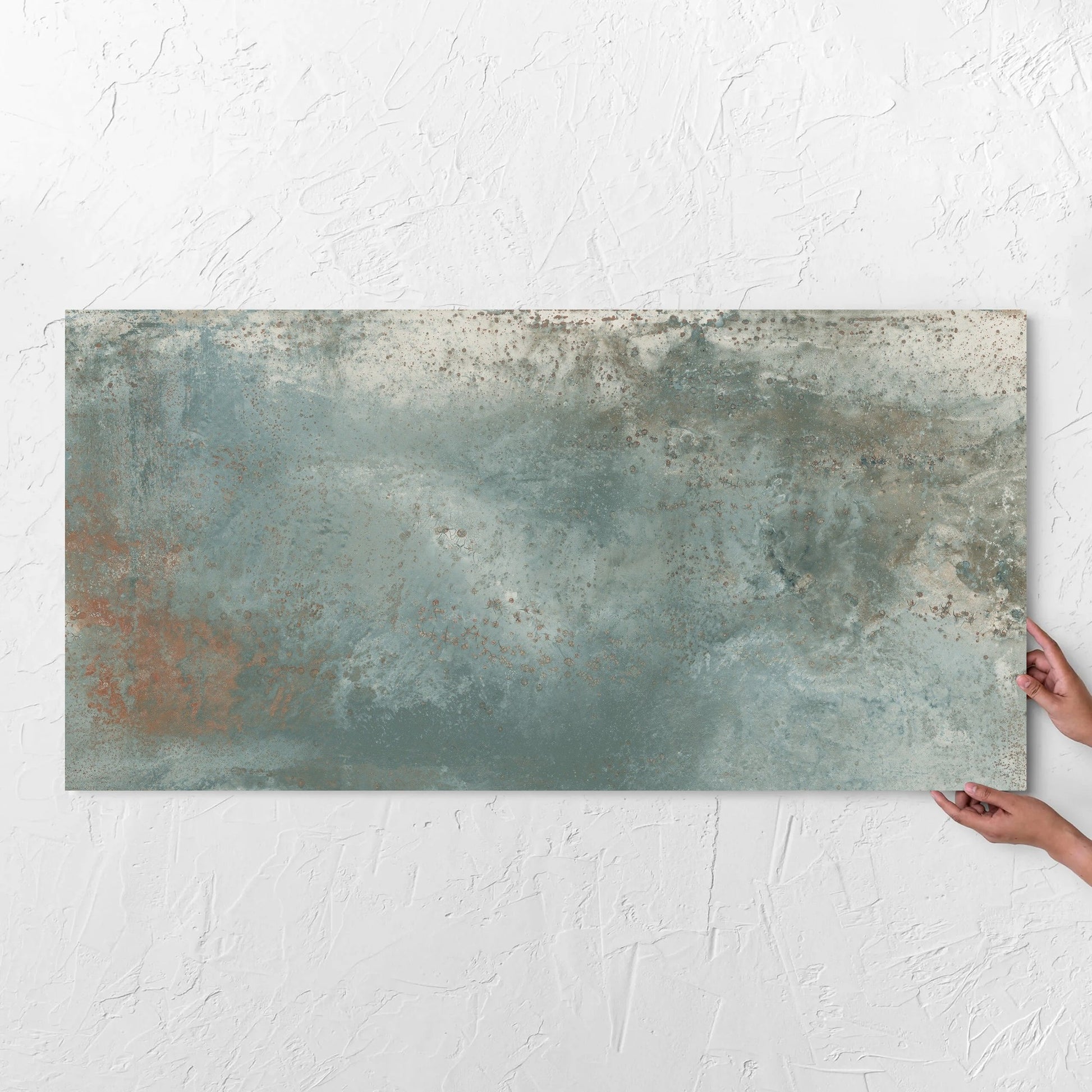 Oxide Metal Verde Matt 600x1200mm tile with hands