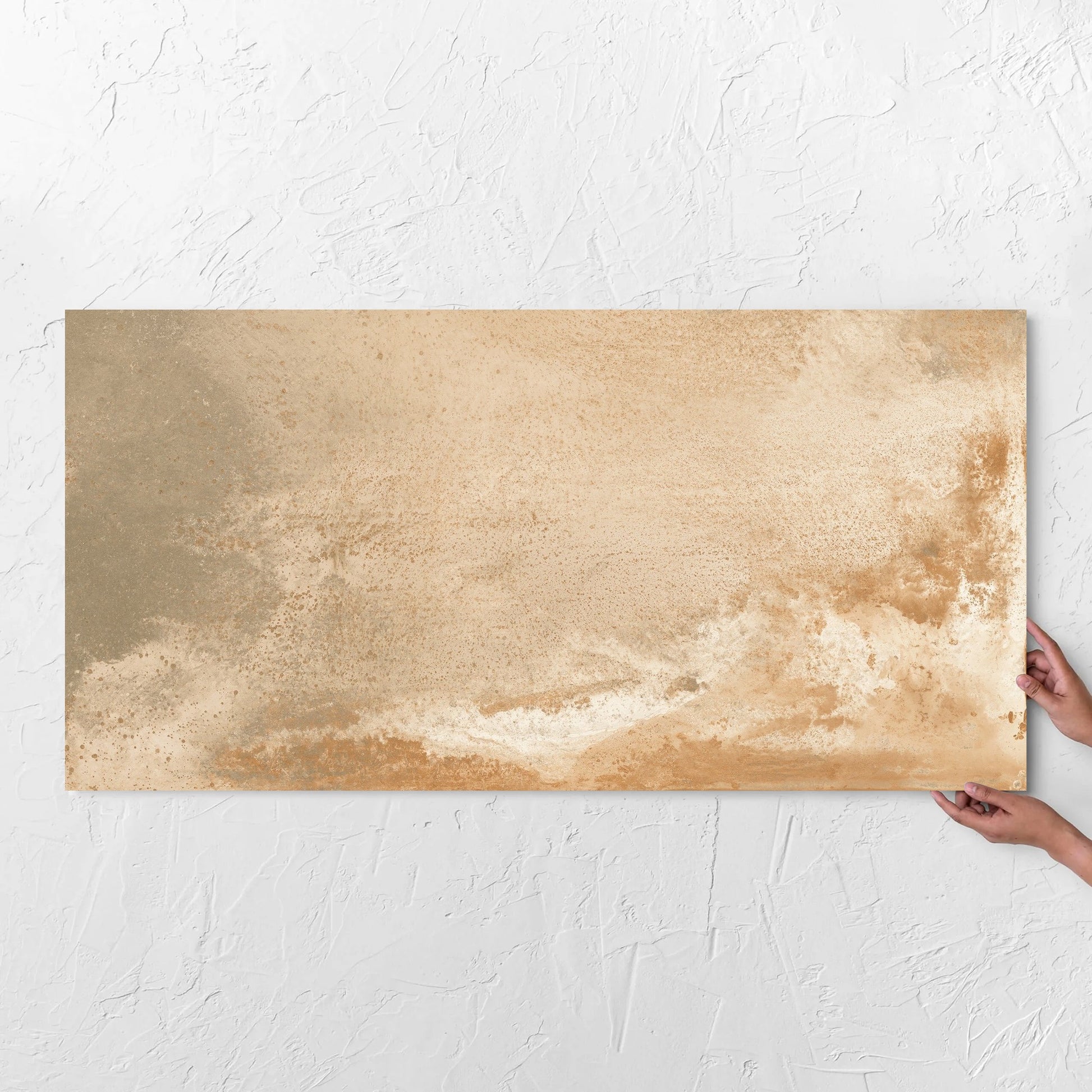 Oxide Metal Giallo Matt 600x1200mm tile with hands