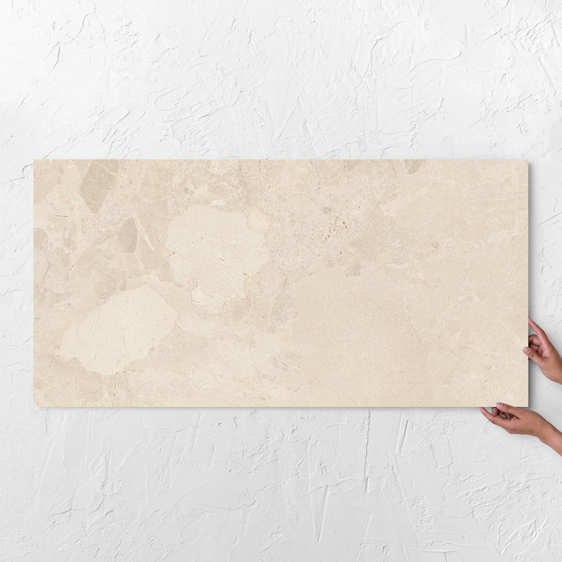 Aurelia Stone Almond 3D Decor 600x1200mm tile with hands