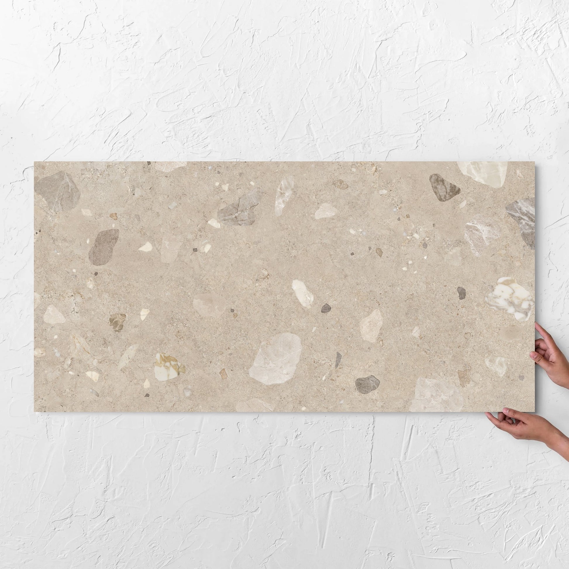 Brescia Iconic Beige Premium Honed 600x1200mm tile with hands
