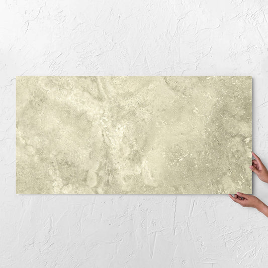Vatican Novona Vein Cut Travertine Matt Linear 600x1200mm tile with hands
