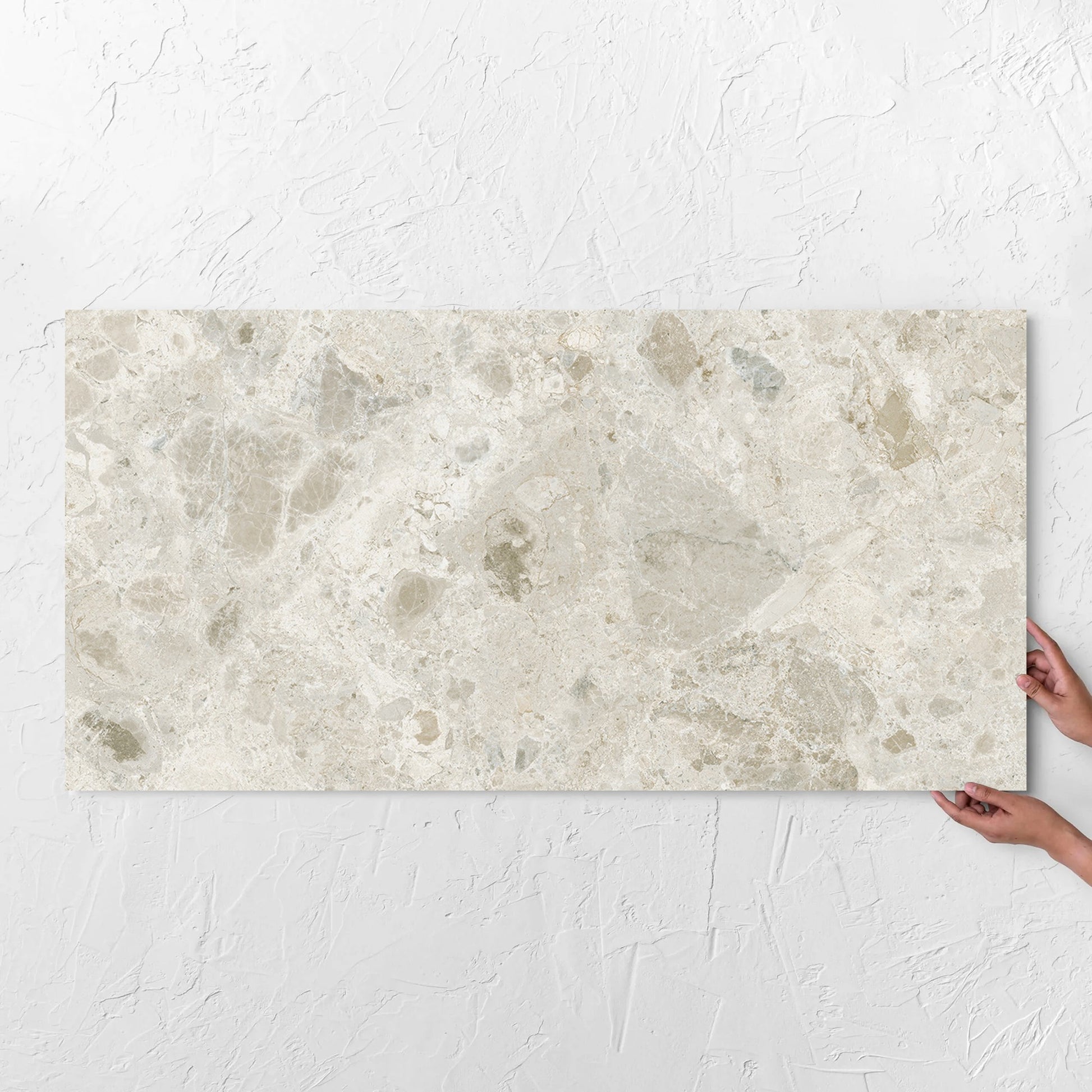 Bedrock Off White Matt 600x1200mm tile with hands