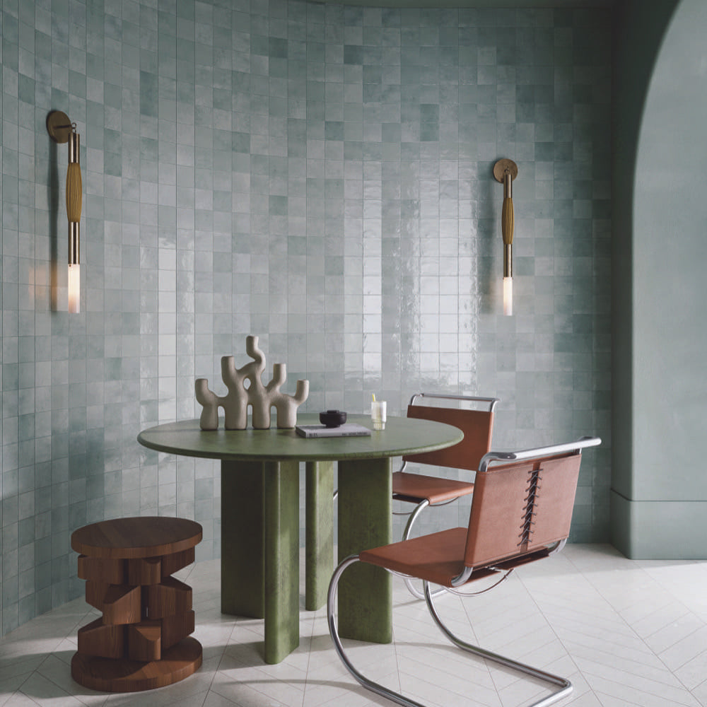 Alchemica Aqua Gloss 100x100mm tiles in a dining room