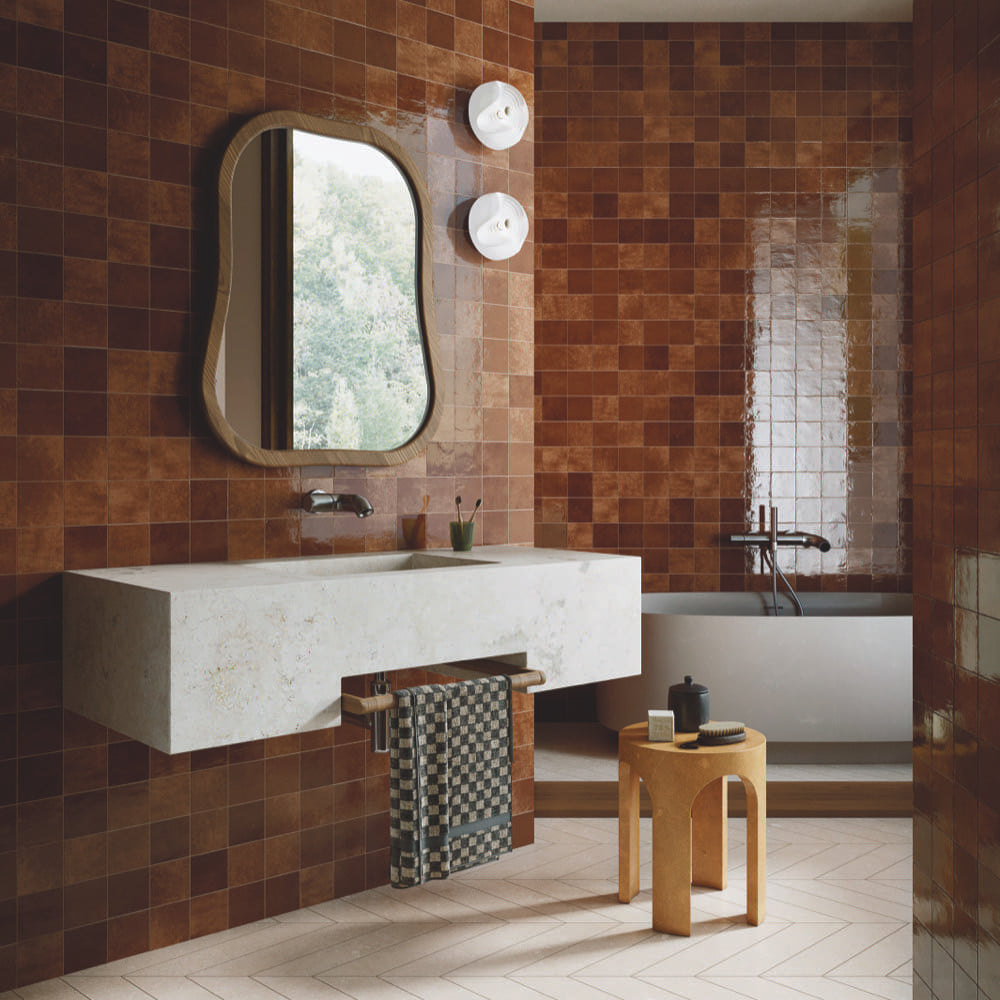 Alchemica Cuoio Gloss 100x100mm tiles in a bathroom