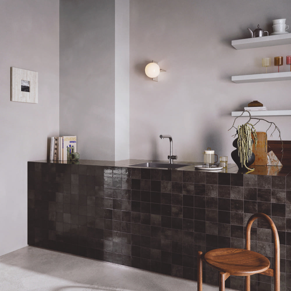 Alchemica Graphite Gloss 100x100mm tiles in a kitchen