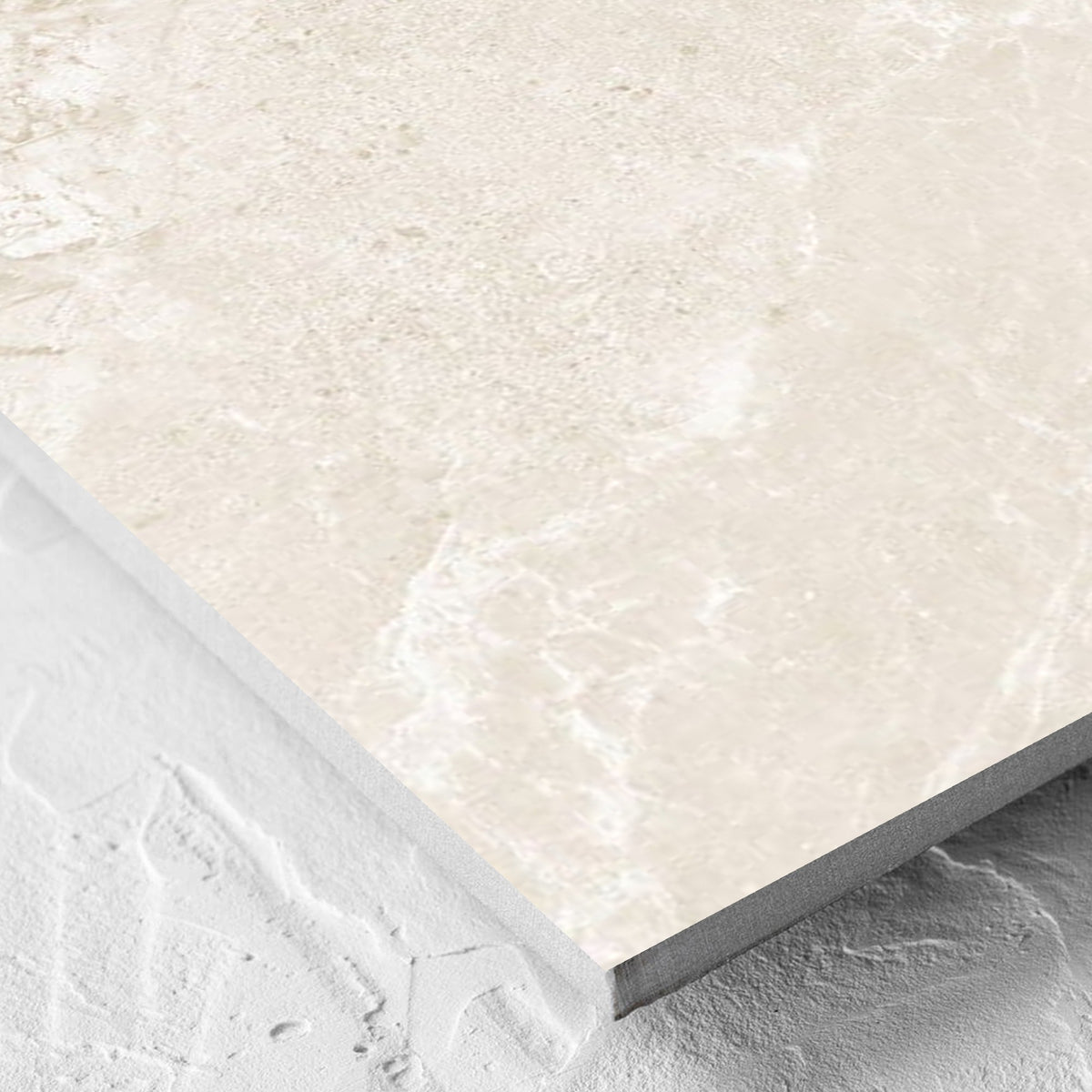 Corner close-up of the Alpen Stone Warm Lappato 600x600mm tile showing the tile surface and the edge profile