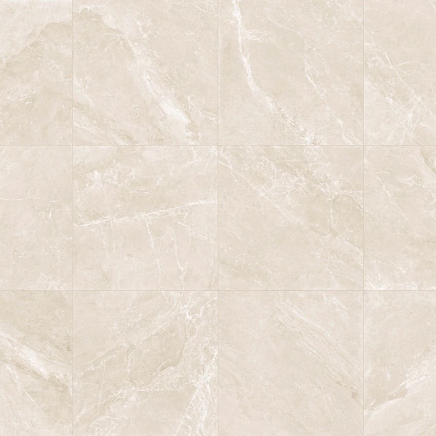Alpen Stone Warm Lappato 600x600mm tiles arranged in a 3x3 grid layout showcasing warm cream tones with subtle white veining and a smooth lappato finish.