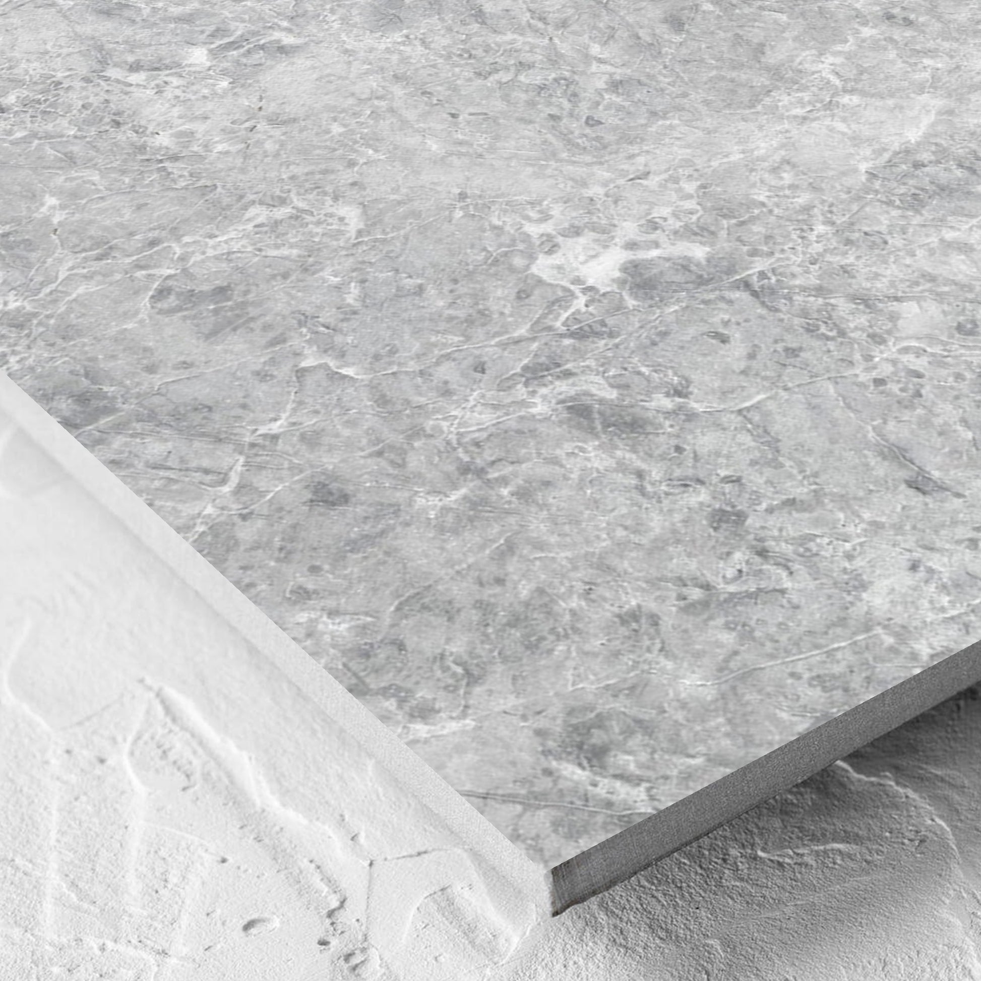 Corner close-up of the Antalya Silver Matt 600x600mm tile showing the matt surface and the edge profile