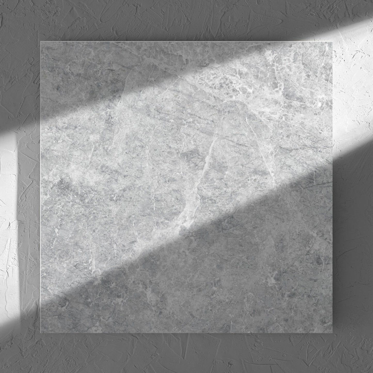 Antalya Silver Matt 600x600mm tile in soft natural window light, showing the matt surface