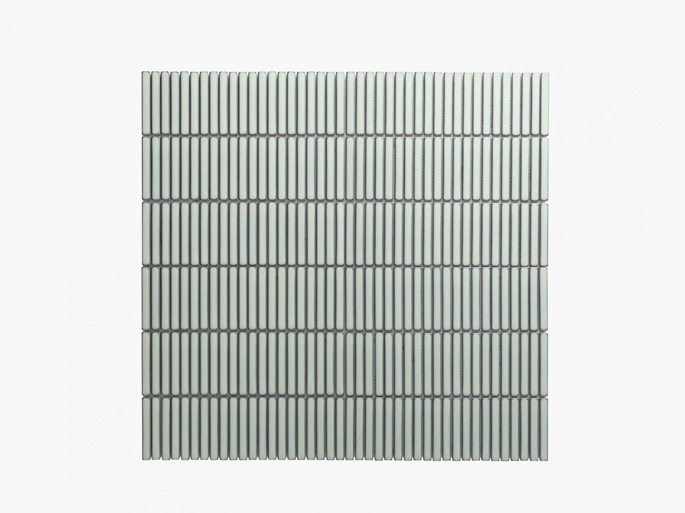 Pack shot of Antique Green Gloss Porcelain Glazed KitKat 12x92mm tiles arranged in vertical finger mosaic strips with a soft sage green gloss finish.