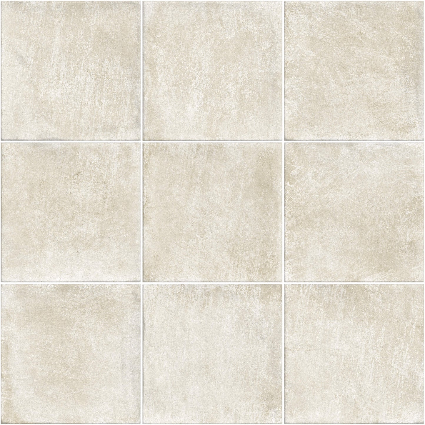 Antiquity Almond 150x150mm ceramic wall tiles arranged in a 3x3 grid showing a matte off-white finish with subtle variegated concrete-effect texture.