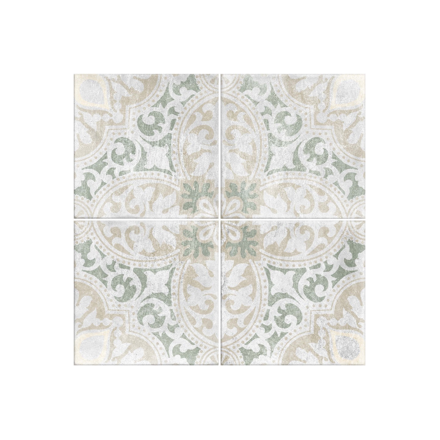 Antiquity Valencia Verde Decor 150x150mm ceramic tiles arranged in a four-tile grid showing a distressed sage green and beige ornate medallion pattern.
