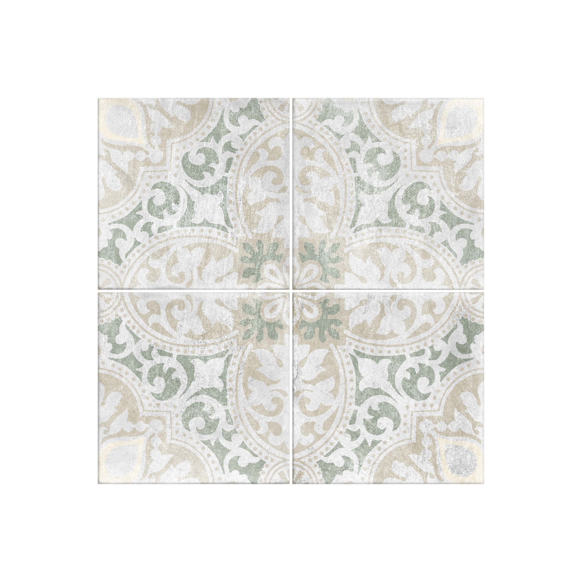 Antiquity Valencia Verde Decor 150x150mm ceramic tiles arranged in a four-tile grid showing a distressed sage green and beige ornate medallion pattern.