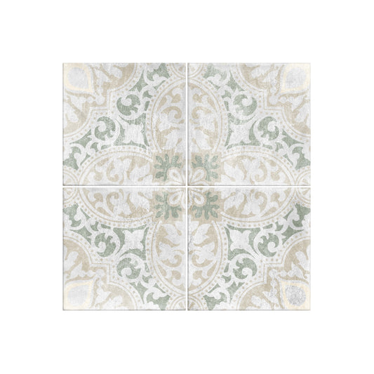 Antiquity Valencia Verde Decor 150x150mm ceramic tiles arranged in a four-tile grid showing a distressed sage green and beige ornate medallion pattern.