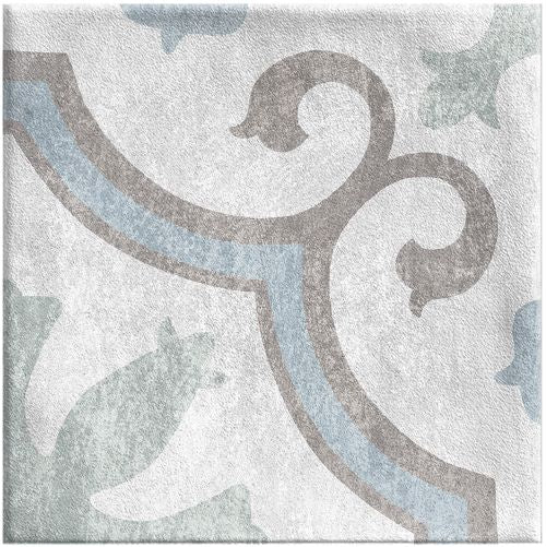 Close-up of Antiquity Venetian Decor 150x150mm tile featuring ornate scrollwork pattern in soft grey and duck-egg blue tones on a white matte field.