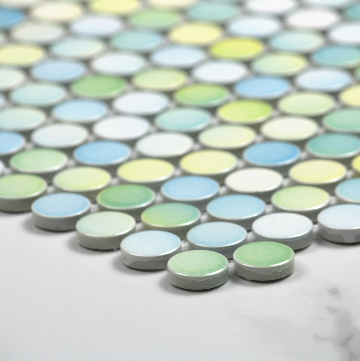 Aqua Mix Gloss Porcelain Glazed Penny Round 19mm angle view