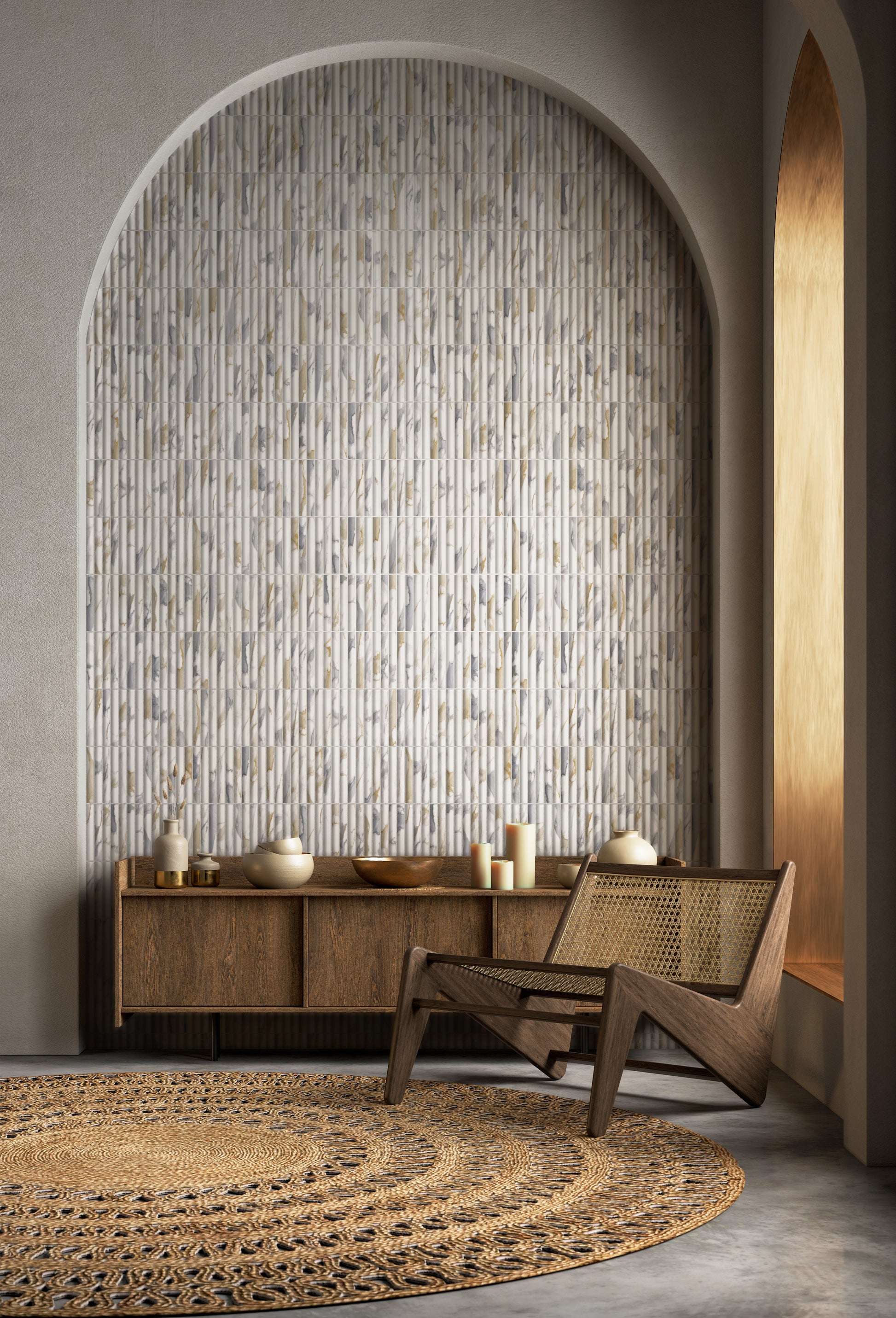 Archistone Calacatta Gold Mix Recycled Glass Matt Fluted 290x299mm lifestyle
