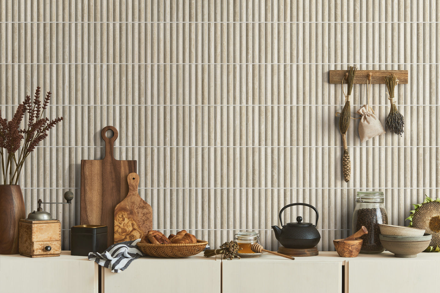 Archistone Natural Travertine Recycled Glass Matt Fluted 290x299mm lifestyle
