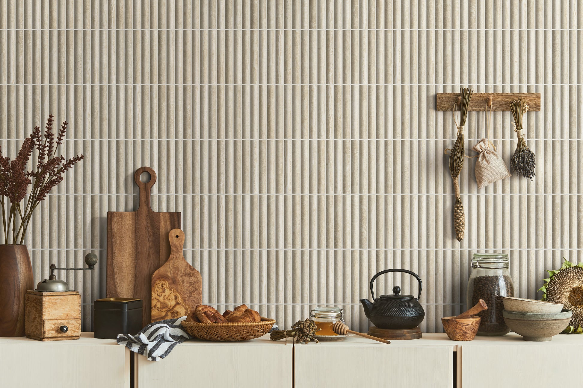 Archistone Natural Travertine Recycled Glass Matt Fluted 290x299mm lifestyle