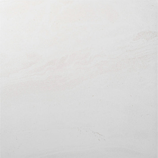 Close-up of Argyle Stone Talco Lappato 450x450mm tile showing a smooth lappato finish with soft white tones and subtle warm beige veining.