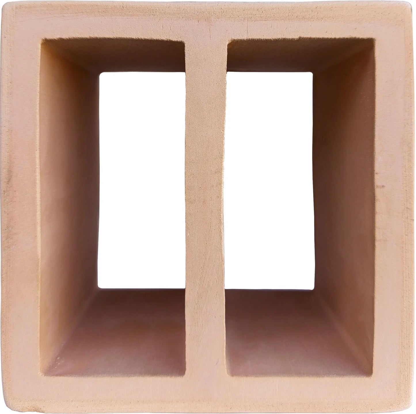 Front-facing pack shot of the Artigianale Ombra Breeze Blocks 150x150mm, a terracotta-toned ceramic screen block featuring two open rectangular voids divided by a central rib.