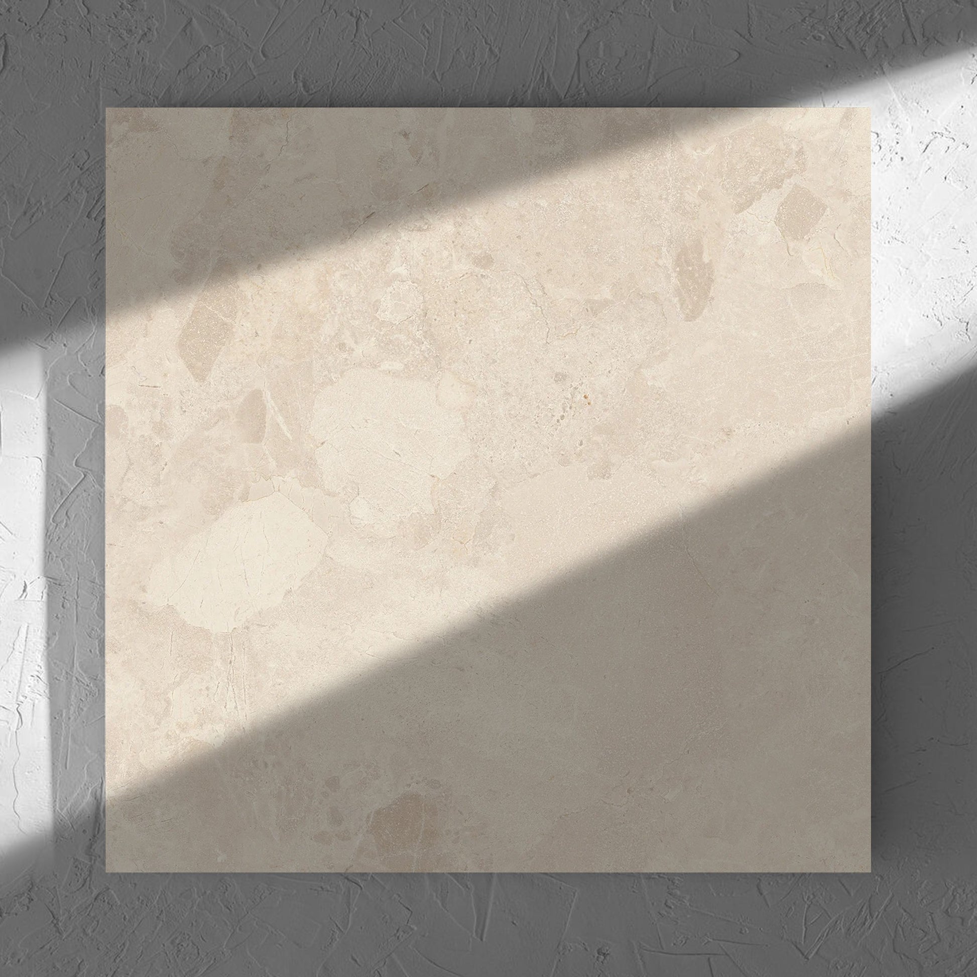 Aurelia Stone Almond Grip 600x600mm tile in soft natural window light, showing the matt surface